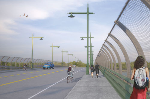 Conceptual renderings of a new, causeway-style bridge design  - view from on bridge
