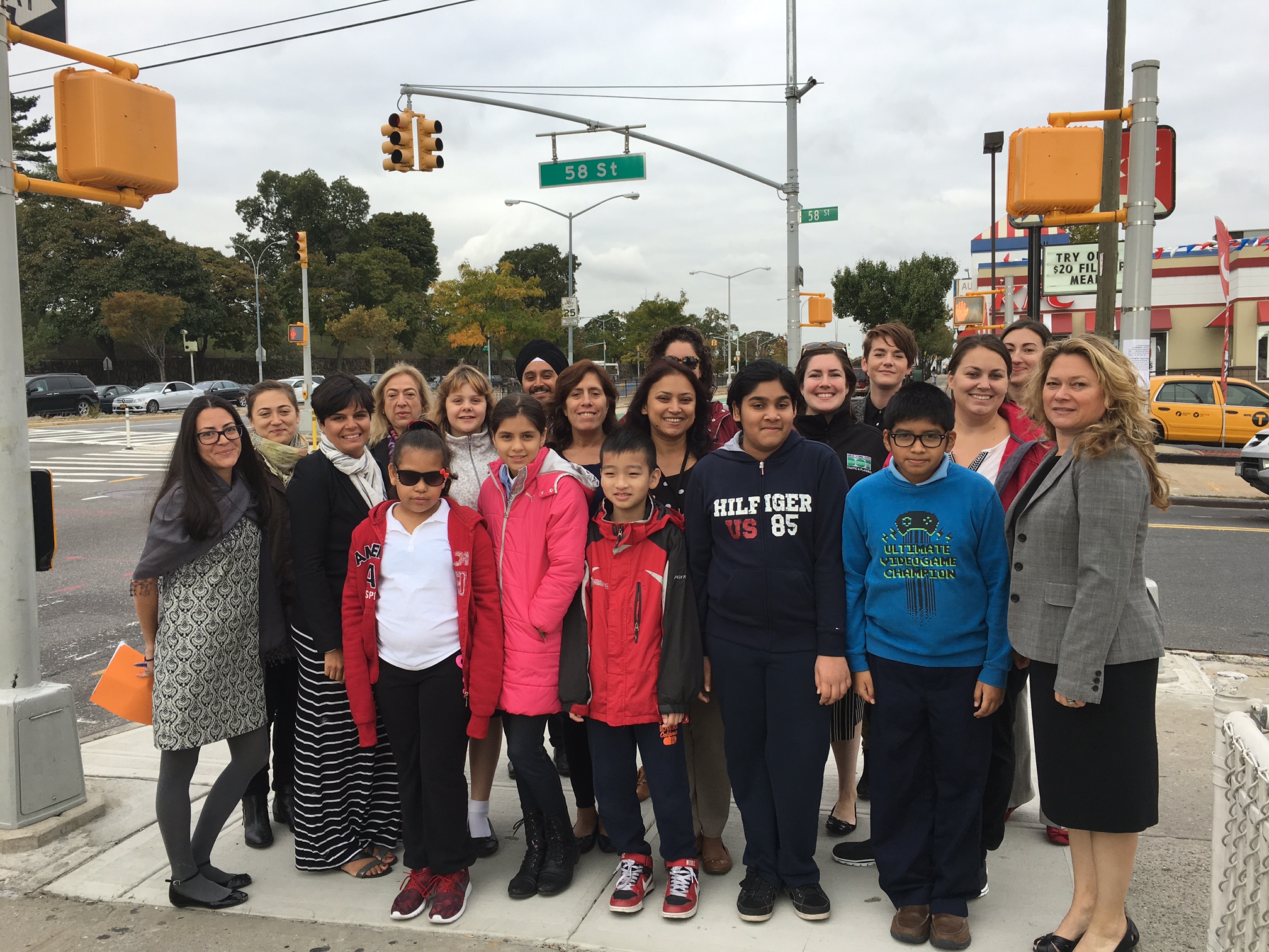 DOT officials and students of PS 11 in Woodside, Queens celebrate International Walk to School Day