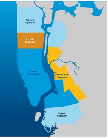 Map of current service ares and expansion areas for the Citibike Program Expansion Area Summer 2015
