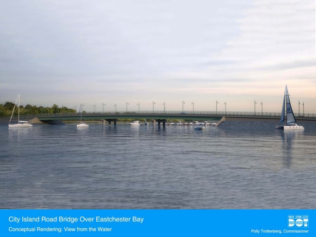 Conceptual rendering of City Island Bridge. View from Eastchester Bay