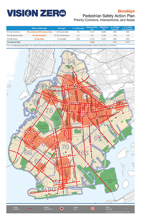 Vision Zero Brooklyn Priority Corridors, Intersections and Areas Map