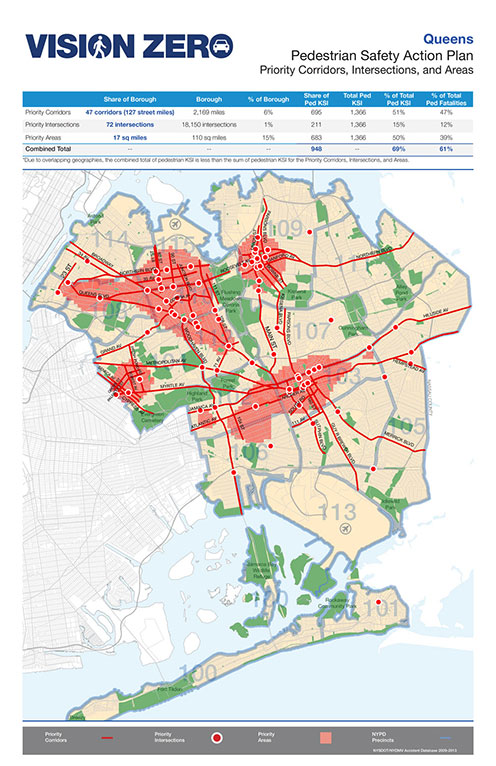Vision Zero Queens Priority Corridors, Intersections and Areas Map