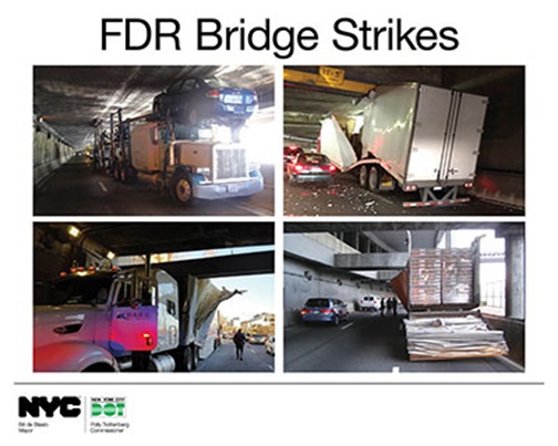 Set of four images of FDR Bridge Strikes by trucks