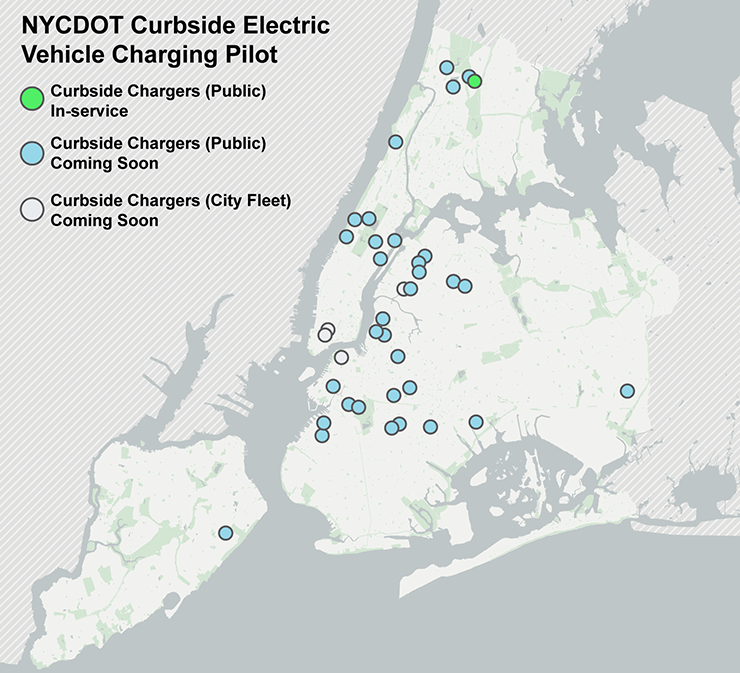A map of New York City shows the New York City Department of Transportation curbside electric vehicle charging pilot locations. A green dot in the Bronx represents a public curbside charger that is in service. Several blue dots throughout the five boroughs show public charger locations that are coming soon. And few white dots in Manhattan, Brooklyn and Queens show city fleet chargers that are coming soon. 