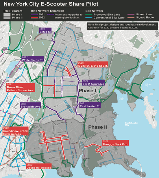 Map of the NYC E-Scooter Share Pilot in the East Bronx, highlighting the neighborhoods that will be included in Phase 1 and 2. The base map includes the existing bike network and where it will be expanded in 2021 and 2022.
