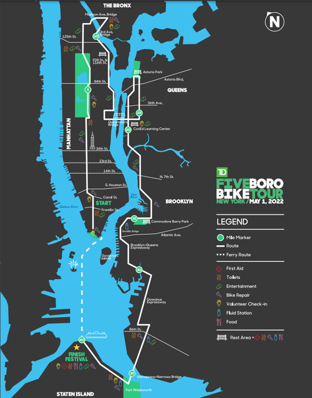 Map of New York City highlighting the route of the Five Boro Bike Tour, starting in Lower Manhattan and running up towards the Bronx then Queens and Brooklyn, and finishing in Staten Island.