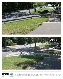 Before and after image of the Highland Boulevard and Vermont Place intersection. The intersection was redesigned by N Y C D O T and now includes a concrete sidewalk, painted crosswalk and curb extension.