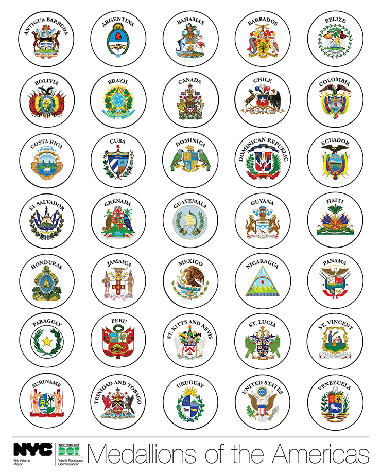 Collection of 35 different medallions with the coat of arms of countries in the Americas