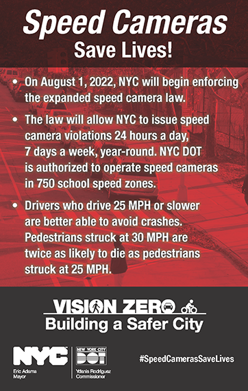 Black and red postcard says “Speed Cameras Save Lives.” Three bullet points explain that speed cameras will begin issuing violations 24/7 on Monday, August 1 and remind drivers to drive at 25 M P H. Vision Zero logo. N Y C and N Y C D O T logos.