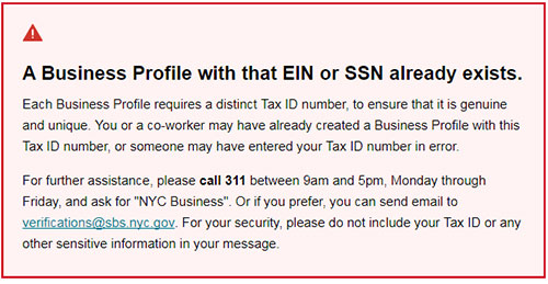 This screenshot shows a warning that the submitted EIN is already in use.